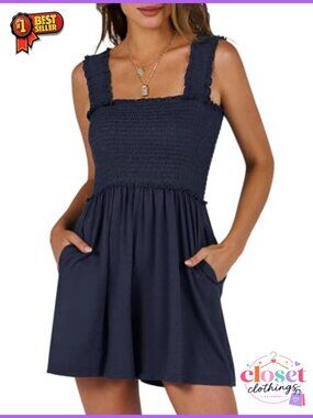 Smocked Backless Romper with Ruffled Straps and Pockets